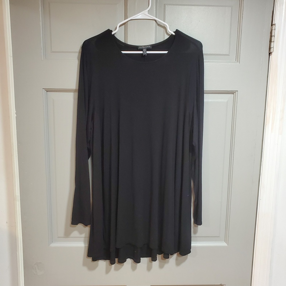 Eileen Fisher Women Black Round Neck Top Viscose Jersey High Low Tunic Large